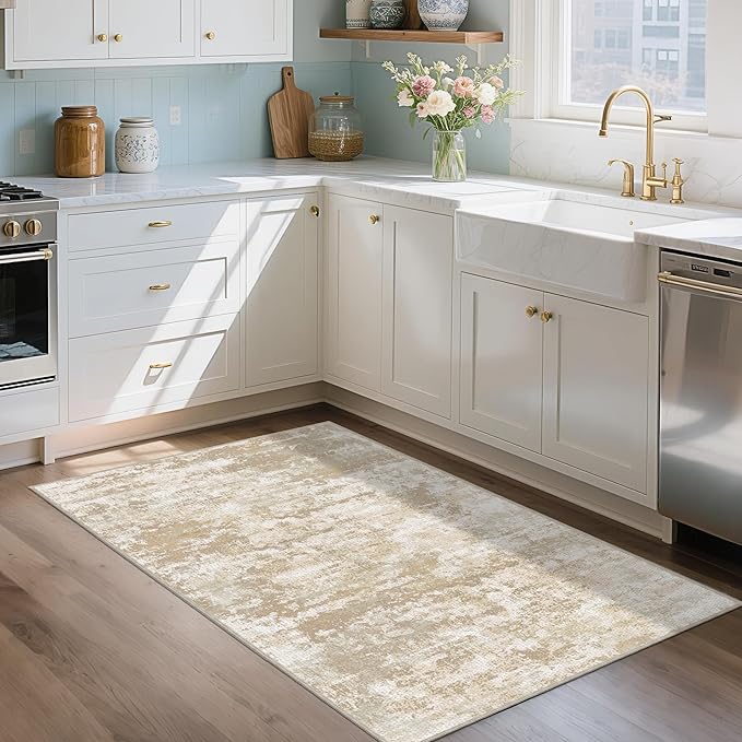 3x5 Area Rug Washable Entryway Rug Non Slip Abstract Tear and Stain Resistance No Pile Lightweight Throw Rugs Carpet for Kitchen, Entrance, Foyer, Bedside, Mudroom, Beige/Yellow