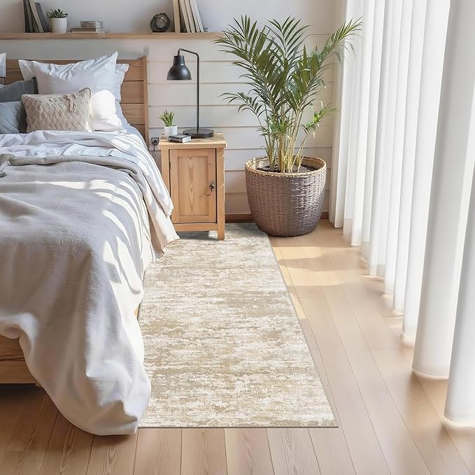 Runners for Hallways Non-Slip 2x8 Washable Kitchen Rug Abstract Tear and Stain Resistance No Pile Hand-Woven Style Lightweight Runners for Entryway, Laundry Room, Bedside, Beige/Yellow