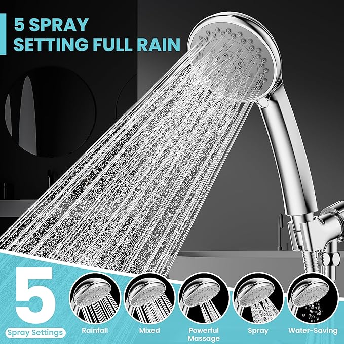 High Pressure Handheld Shower Head,5 Functions Powerful Water Spray Showerheads against Low Pressure Water Flow with Stainless Hose and Adjustable Mount, Chrome