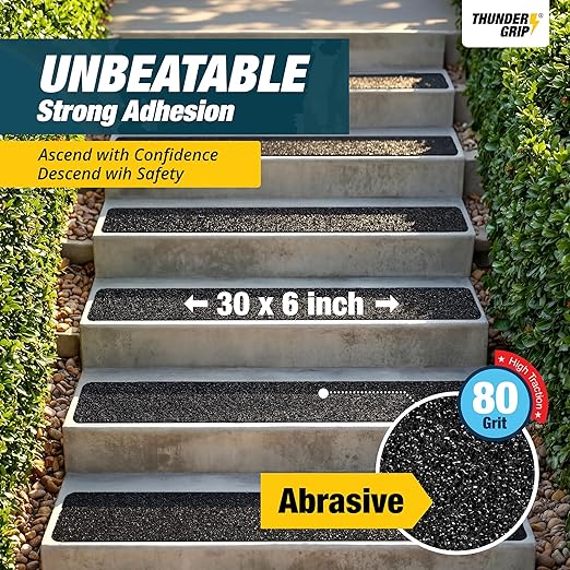Thunder Grip Outdoor Stair Treads Non Slip 30" x 6" - 15-Pack Weather Resistant Exterior Grip Tape for Wooden Steps - Anti Skid Strips - Waterproof 80-Grit Adhesive Treads