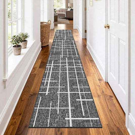 Non Slip Hallway Runner Rug 2.6x12, Modern Distressed Stripe, Washable Extra Long Rug, Woven Thin Low Pile Carpet Runners for Hallway 12ft Entryway, Kitchen, Walkway- Gray