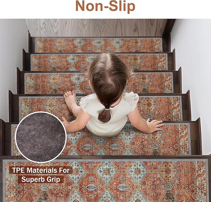 sarben Non Slip Stair Treads for Wooden Steps 15PCS - 8"x30" Indoor Safety Carpet, Edging Mats with TPE Adhesive Backing, Pet and Elderly Friendly Stair Rugs (Rust)