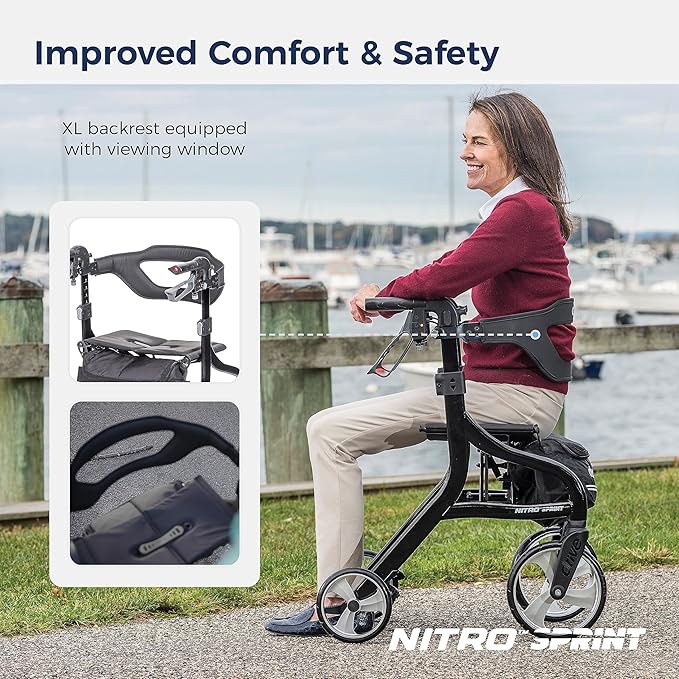 Drive Medical Nitro Sprint Foldable Rollator Walker with Seat, Petite Height Lightweight Rollator with Large Wheels, Folding Rollator, Short Rolling Walker for Seniors and Adults, Black