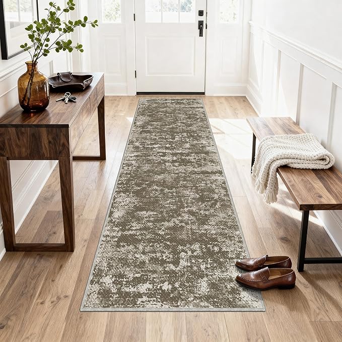 Abstract Washable Runner Rug 2x6, Brown Non-Slip Hallway Rug, Woven Non-Shedding Thin Runners for Entryway, Kitchen, Laundry Room - Deep Brown (Stain-Resistant Version, 2x6ft)