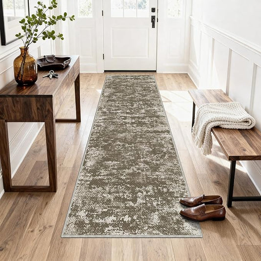 Abstract Washable Runner Rug 2x6, Brown Non-Slip Hallway Rug, Woven Non-Shedding Thin Runners for Entryway, Kitchen, Laundry Room - Deep Brown (Stain-Resistant Version, 2x6ft)