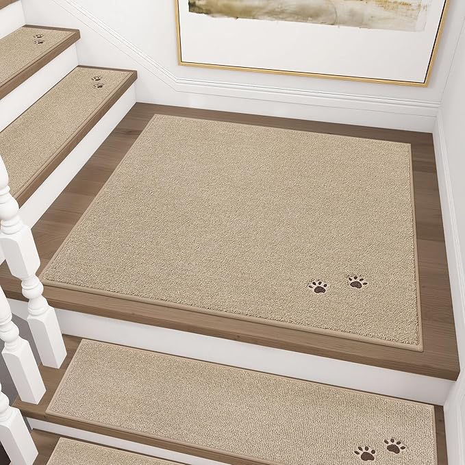 BEQHAUSE Stair Landing Rug Non-Slip 30"x30", Square Stair Landing Mats for Stairs Washable, Carpet Stair Treads Matching Mats for Wooden Steps Indoor Landing Rugs Surface Polyester TPE Backing, Beige