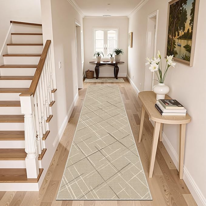 Beige Runner Rug Ultra Non-Slip 2x10 Long Hallway Rugs Washable Modern Tear and Stain Resistance No Pile Lightweight Modern Rug Runners for Entryway, Kitchen, Walkway, Entrance, Beige