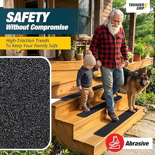 Thunder Grip Outdoor Stair Treads Non Slip 24" x 4" - 8-Pack Weather Resistant Exterior Grip Tape for Wooden Steps - Anti Skid Strips - Waterproof 80-Grit Adhesive Treads
