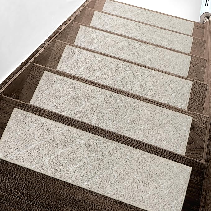 Non Slip Microfiber Stair Treads for Wooden Steps, 15PCS 8"x30" Indoor Safety Carpet, 3D Cut & Loop Tufted Edging Mats with TPE Adhesive Backing, Pet & Elderly Friendly Stair Rugs (Beige/White)