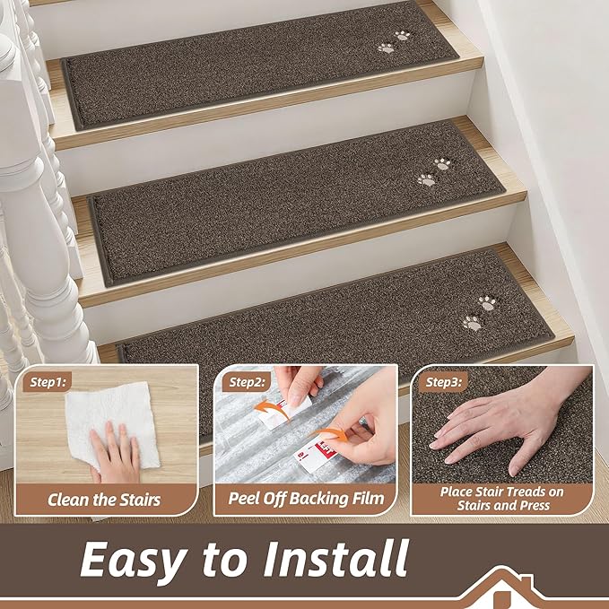 BEQHAUSE Stair Treads for Wooden Steps 28inX9in, Non Slip Carpet Stair Treads Indoor Stair Runners Machine Washable, Soft Stair Rugs Mat Surface Polyester TPE Backing, 4pcs, Brown