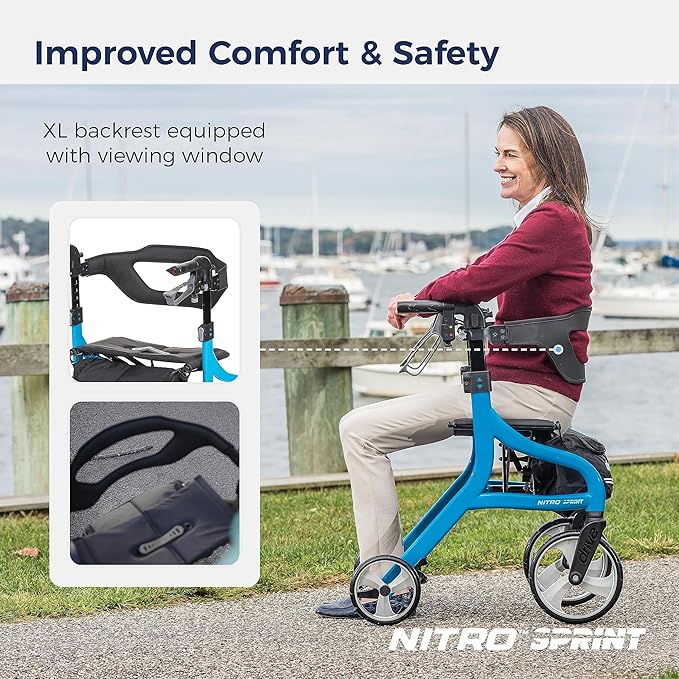 Drive Medical Nitro Sprint Foldable Rollator Walker with Seat - Lightweight Support - Large Wheels - Compact Folding Design - Adjustable Comfort - Standard Size - Blue