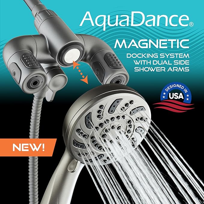 Aquadance High Pressure 156 Setting 14 Zone Shower Head & Handheld 3-way Combo System - Magnetic Docking, 314 Power Jets, Dual Adjustable Arms, 6 ft. Metal Hose, Graphite Finish, Top American Brand