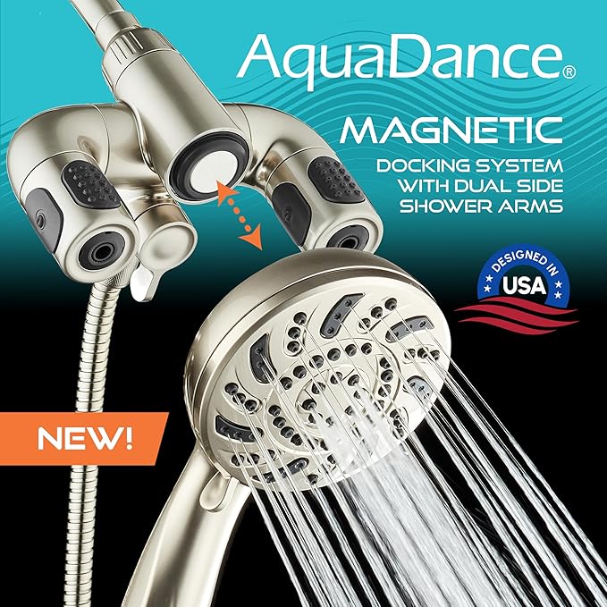 Aquadance High Pressure 156 Setting 14 Zone Shower Head & Handheld 3-way Combo System - Magnetic Docking, 314 Power Jets, Dual Adjustable Arms, 6 ft. Metal Hose, All Nickel Finish, Top American Brand
