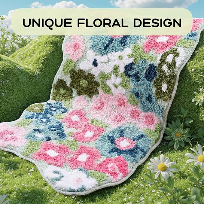 TRUEDAYS Wildflower Floral Bathroom Rug - Cute Tufted Non Slip Soft Flower Shaped Bath Mat, Washable Farmhouse & Cottagecore Bathroom Decor - Aesthetic Green Rug for Vanity, Tub, Entryway