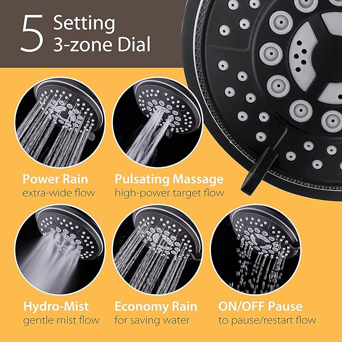 1763 Handheld Showerhead & Rain Shower Combo. High Pressure 24 Function 4" Face Dual 2 in 1 Shower Head System with Stainless Steel Hose, Patented 3-way Water Diverter in Matte Black