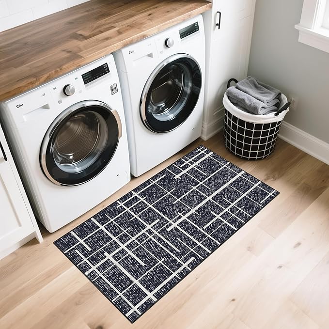 Washable Runner Rug 2x4, Modern Distressed Stripe, Kitchen Runner Rug Non Slip, Woven Thin No Shed Runners for Entryway, Kitchen, Laundry Room- Midnight Black