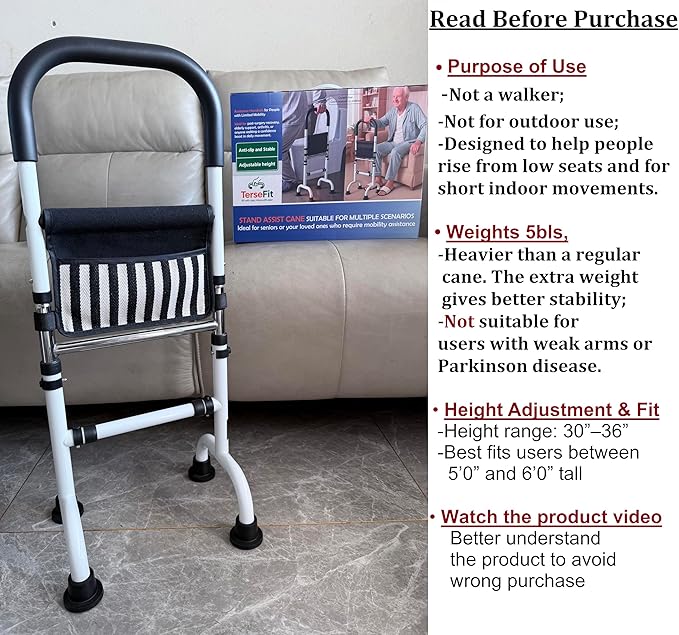 Stand Assist Aid for Elderly; Couch Stand Assist; Mobility Aids for Seniors; Toilet Assist Rails for Tight Bathroom; Knee Surgery Recovery Aids; Height Adjustable to 36''; Weight 5lbs, Bear 350lbs