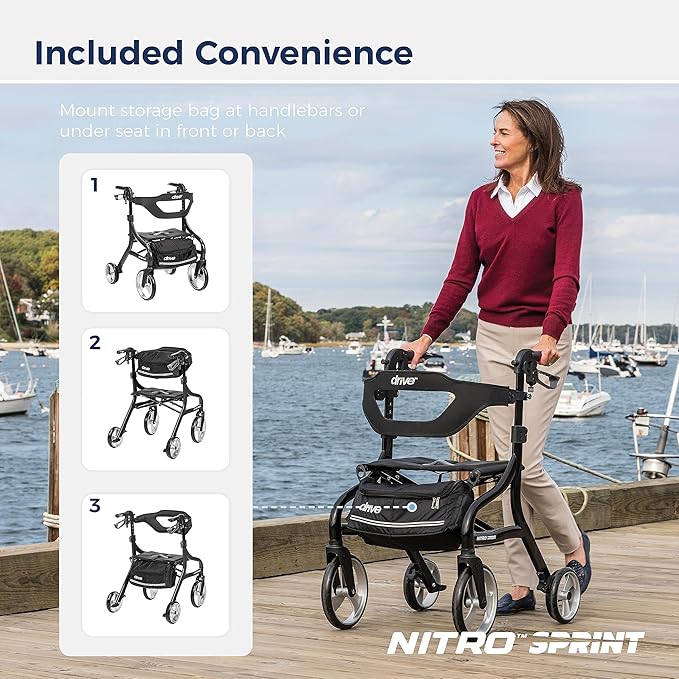 Drive Medical Nitro Sprint Foldable Rollator Walker with Seat, Petite Height Lightweight Rollator with Large Wheels, Folding Rollator, Short Rolling Walker for Seniors and Adults, Black