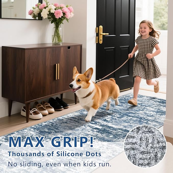 Abstract Washable Runner Rug 2x6, Blue Non-Slip Hallway Rug, Woven Non-Shedding Thin Runners for Entryway, Kitchen, Laundry Room