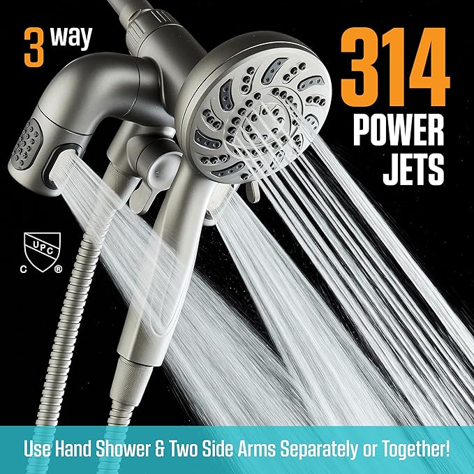 Aquadance High Pressure 156 Setting 14 Zone Shower Head & Handheld 3-way Combo System - Magnetic Docking, 314 Power Jets, Dual Adjustable Arms, 6 ft. Metal Hose, Graphite Finish, Top American Brand
