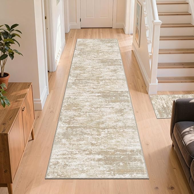 Non Slip Floor Runners for Dogs 2.6x8 Washable Runner Rug Abstract, Joint Support for Senior Dogs, Woven, Extra Grip Traction Runners for Hallway,Kitchen, Entryway, Beige/Yellow