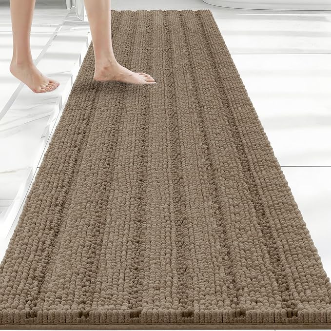 Bcoimo Long Bathroom Rug, Chenille Bath Runner with High Low Pile Design, Soft Absorbent Non Slip Bath Mat, Machine Washable Quick Dry Rug for Shower, Tub, Sink and Vanity