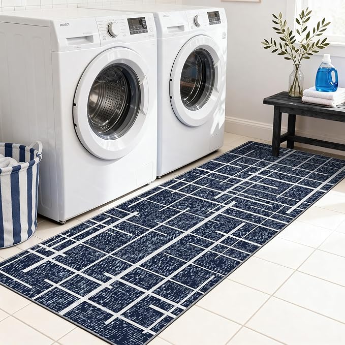Washable Runner Rug 2x6, Blue Modern Distressed Stripe, Hallway Runner Rug Non Slip, Woven Thin No Shed Runners for Entryway, Kitchen, Laundry Room- Blue
