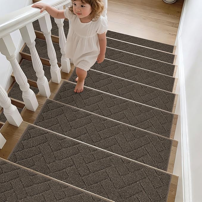 BEQHAUSE Edging Stair Treads for Wooden Steps 9" x 28", Non Slip Carpet Stair Treads Indoor Stair Runners, Soft Stair Rugs, Machine Washable, 100% Polyester, TPE Backing, 4pcs, Brown