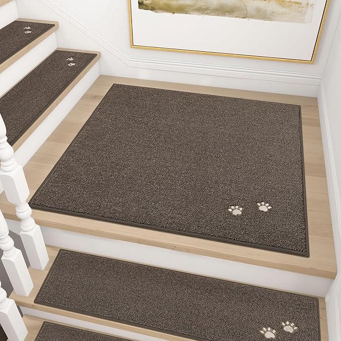BEQHAUSE Stair Landing Rug Non-Slip 30"x30", Square Stair Landing Mats for Stairs Washable, Carpet Stair Treads Matching Mats for Wooden Steps Indoor Landing Rugs Surface Polyester TPE Backing, Brown