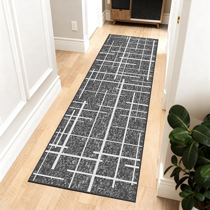 Washable Runner Rug 2x6, Gray Modern Distressed Stripe, Kitchen Runner Rug Non Slip, Woven Thin No Shed Runners for Entryway, Kitchen, Laundry Room- Gray
