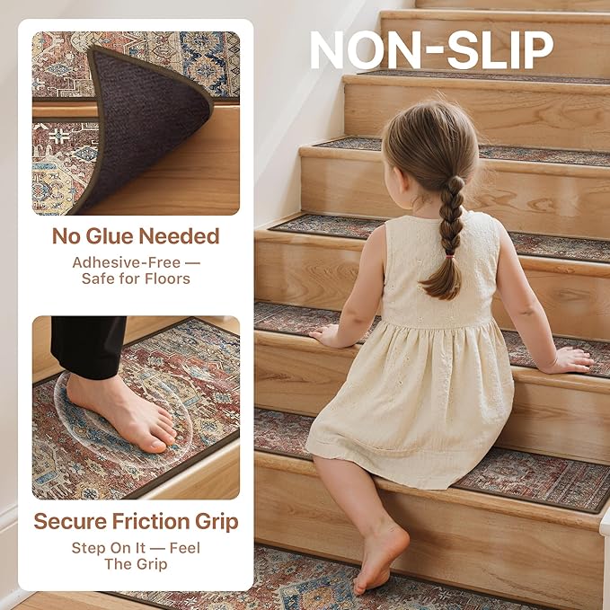 Non Slip Stair Treads for Wooden Steps 15PCS - 8"x30" Indoor Safety Carpet, Edging Mats with TPE Adhesive Backing, Pet and Elderly Friendly Stair Rugs (Antique Red)