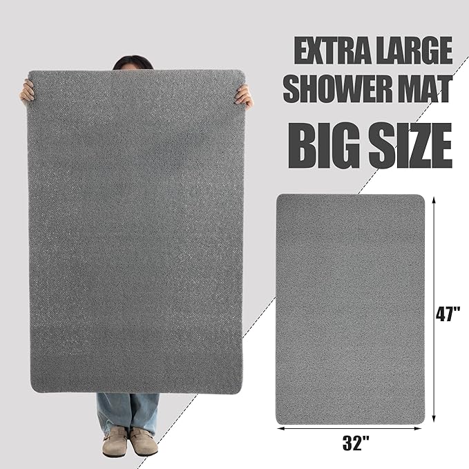 HOMBYS 47 x 32 Extra Large Shower Mat for Shower Stall Tub, Non Slip Bath Mat Bathroom Accessories, PVC Loofah Mats for Shower and Bathroom, Quick Drying, (Grey, 47"x32")