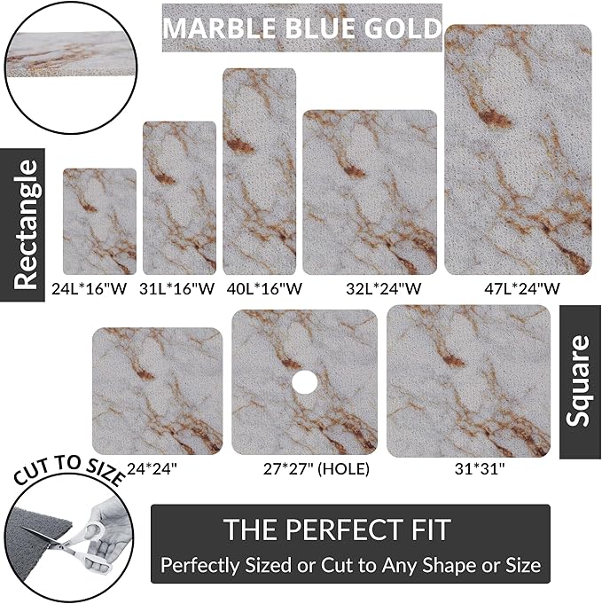 ENKOSI Loofah Non-Slip Shower and Bath Mat - Soft Cushioned Comfort - No Suction Cups for Smooth or Textured Tubs - Fast Draining - Safety for Bathroom, Family and Elderly (24x16 Marble Blue Gold)