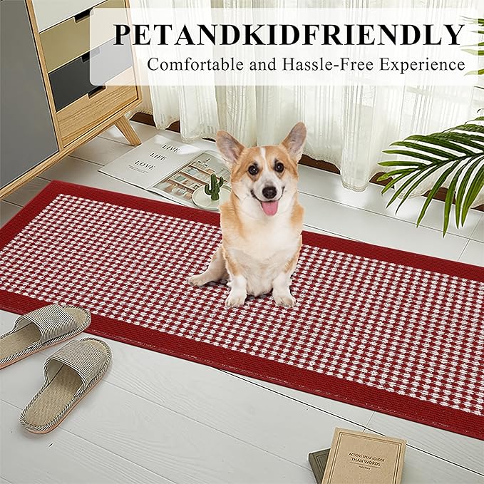Ileading Christmas Hallway Runner Rug 2x6ft Red Kitchen Floor Mat Modern Geometric Non Slip Throw Rugs Indoor Doormat Machine Washable Accent Carpet for Winter Holiday Valentine's Day Decor