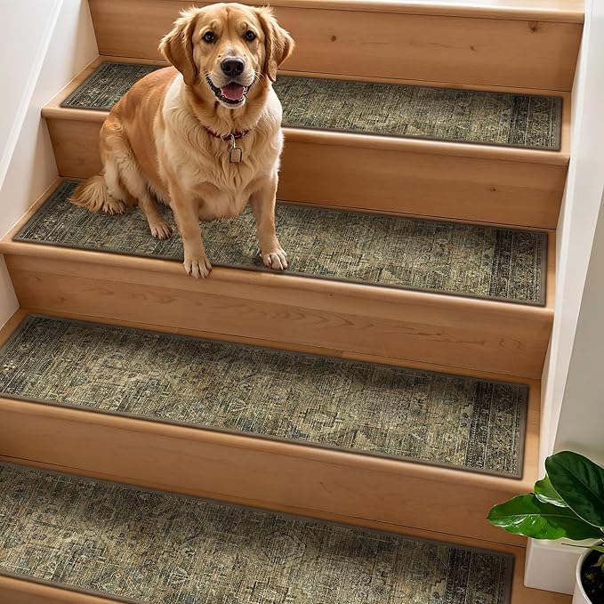 Non Slip Stair Treads for Wooden Steps 15PCS - 8"x30" Indoor Safety Carpet, Edging Mats with TPE Adhesive Backing, Pet and Elderly Friendly Stair Rugs (Dark Green&Brown)