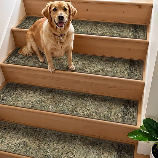 Non Slip Stair Treads for Wooden Steps 15PCS - 8"x30" Indoor Safety Carpet, Edging Mats with TPE Adhesive Backing, Pet and Elderly Friendly Stair Rugs (Dark Green&Brown)