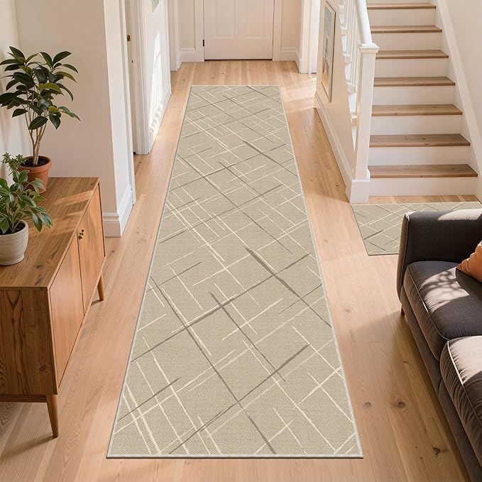 Kitchen Rugs Ultra Non-Slip 2.6x8 Washable Runner Rug Modern Tear and Stain Resistance No Pile Lightweight Runners for Entryway, Hallway, Walkway, Bedside, Entrance, Beige