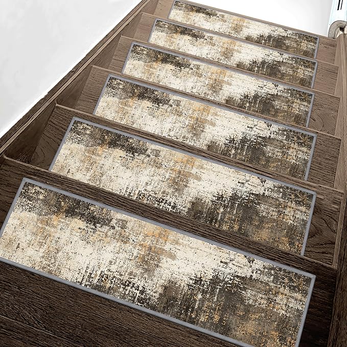 sarben Carpet Stair Treads Non Slip 15PCS, 8" X 30" Edging Stair Runner for Wooden Steps Indoor, Resistant Stair Rugs with Reusable TPE Adhesive Backing, Residue Mat for Elders, Pets, Chestnut/Smoke