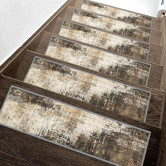sarben Carpet Stair Treads Non Slip 15PCS, 8" X 30" Edging Stair Runner for Wooden Steps Indoor, Resistant Stair Rugs with Reusable TPE Adhesive Backing, Residue Mat for Elders, Pets, Chestnut/Smoke