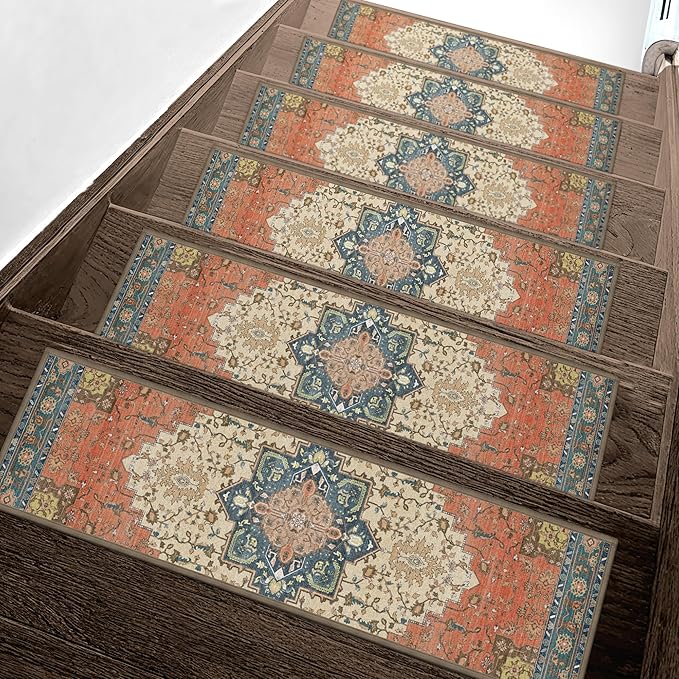 sarben Non Slip Stair Treads for Wooden Steps 15PCS - 8"x30" Indoor Safety Carpet, Edging Mats with TPE Adhesive Backing, Pet and Elderly Friendly Stair Rugs (Red)
