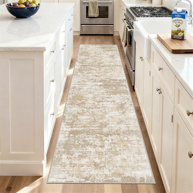 Non Slip Floor Runners for Dogs 2.6x8 Washable Runner Rug Abstract, Joint Support for Senior Dogs, Woven, Extra Grip Traction Runners for Hallway,Kitchen, Entryway, Beige/Yellow