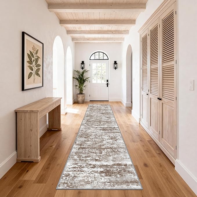 Non Slip Floor Runners for Dogs 2.6x14 Washable Runner Rug Abstract, Joint Support for Senior Dogs, Woven, Extra Grip Traction Runners for Hallway, Entryway, Walkway- Brown