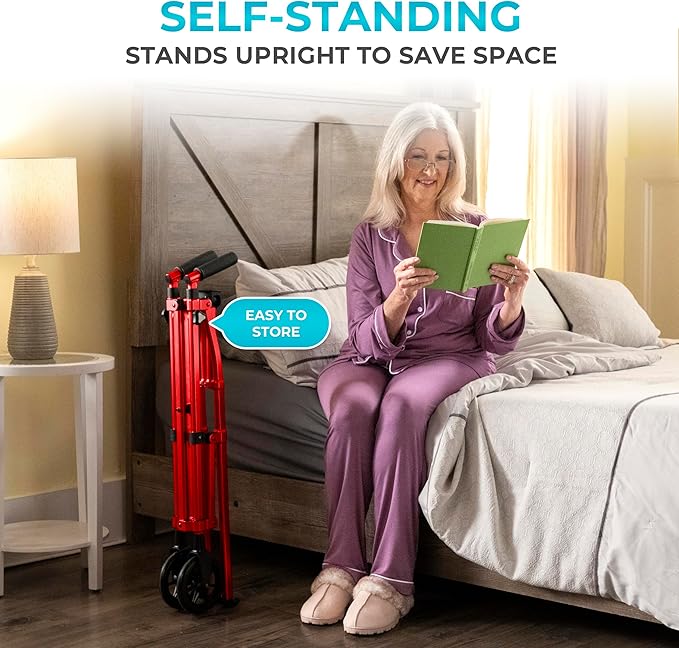 Stander Space Saver Walker, Lightweight Folding Rolling Mobility Aid for Seniors & Adults, Compact 2-Wheel Disability Device with 6-inch Wheels & Ski Glides for Walking Support, Sport Red