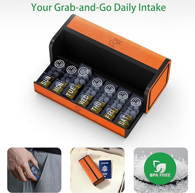 Pill Organizer 7 Day AM PM, Discreet 2 Times a Day Weekly Pill Box with Double Protection Shell, Large Capacity Portable Vitamin Case for Travel Meds & Medicine Organizer (Orange)