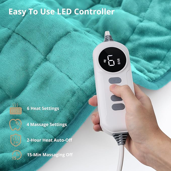 Heating Pad, Weighted Heating Pad with Massaging Vibrations, 6 Heat Settings & 4 Massage Modes,Soothing Warmth for Back & Shoulders, 12" x 24",Light Blue