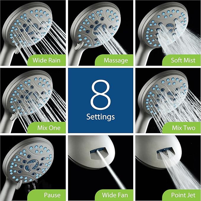 AquaCare High Pressure 8-mode Handheld Shower Head - Anti-clog Nozzles, Built-in Power Wash to Clean Tub, Tile & Pets, Extra Long 6 ft. Stainless Steel Hose, Wall & Overhead Brackets