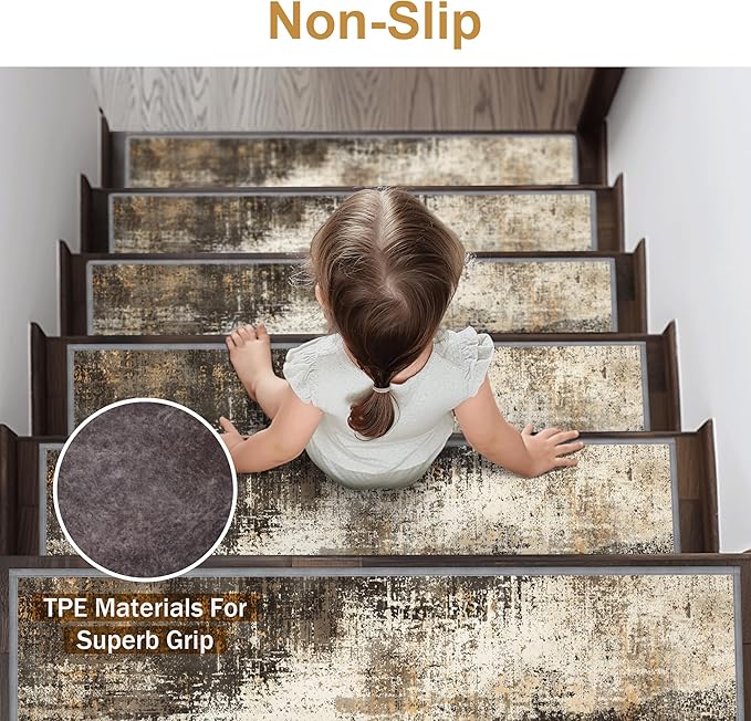 sarben Carpet Stair Treads Non Slip 15PCS, 8" X 30" Edging Stair Runner for Wooden Steps Indoor, Resistant Stair Rugs with Reusable TPE Adhesive Backing, Residue Mat for Elders, Pets, Chestnut/Smoke