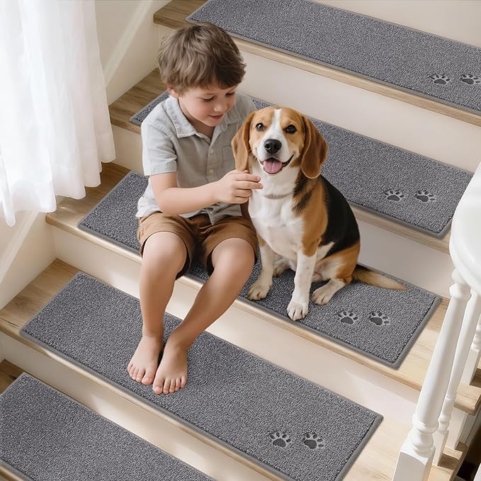 BEQHAUSE Stair Treads for Wooden Steps 28inX9in, Non Slip Carpet Stair Treads Indoor Stair Runners Machine Washable, Soft Stair Rugs Mat Surface Polyester TPE Backing, 15pcs, Grey