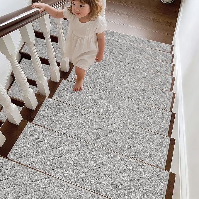 BEQHAUSE Edging Stair Treads for Wooden Steps 9" x 28", Non Slip Carpet Stair Treads Indoor Stair Runners, Soft Stair Rugs, Machine Washable, 100% Polyester, TPE Backing, 15pcs, Grey