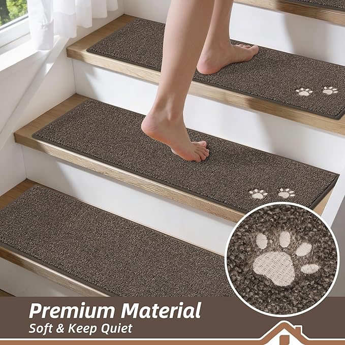 BEQHAUSE Stair Treads for Wooden Steps 28inX9in, Non Slip Carpet Stair Treads Indoor Stair Runners Machine Washable, Soft Stair Rugs Mat Surface Polyester TPE Backing, 15pcs, Brown